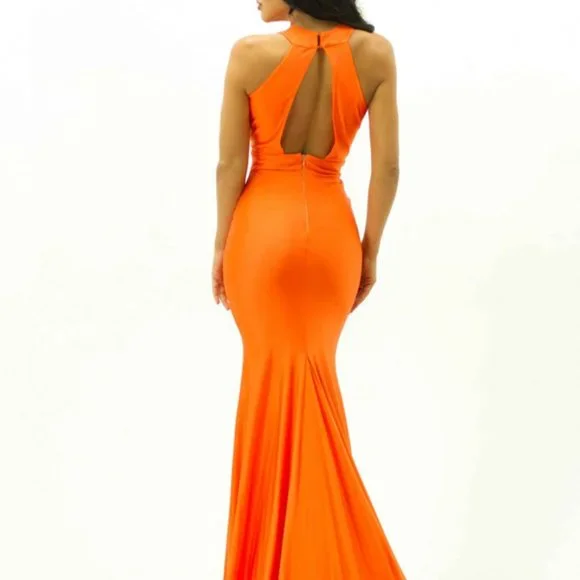 Jessica Angel Bright Orange Halter Satin Stretch Jersey Dress - Picture 3 of 10
